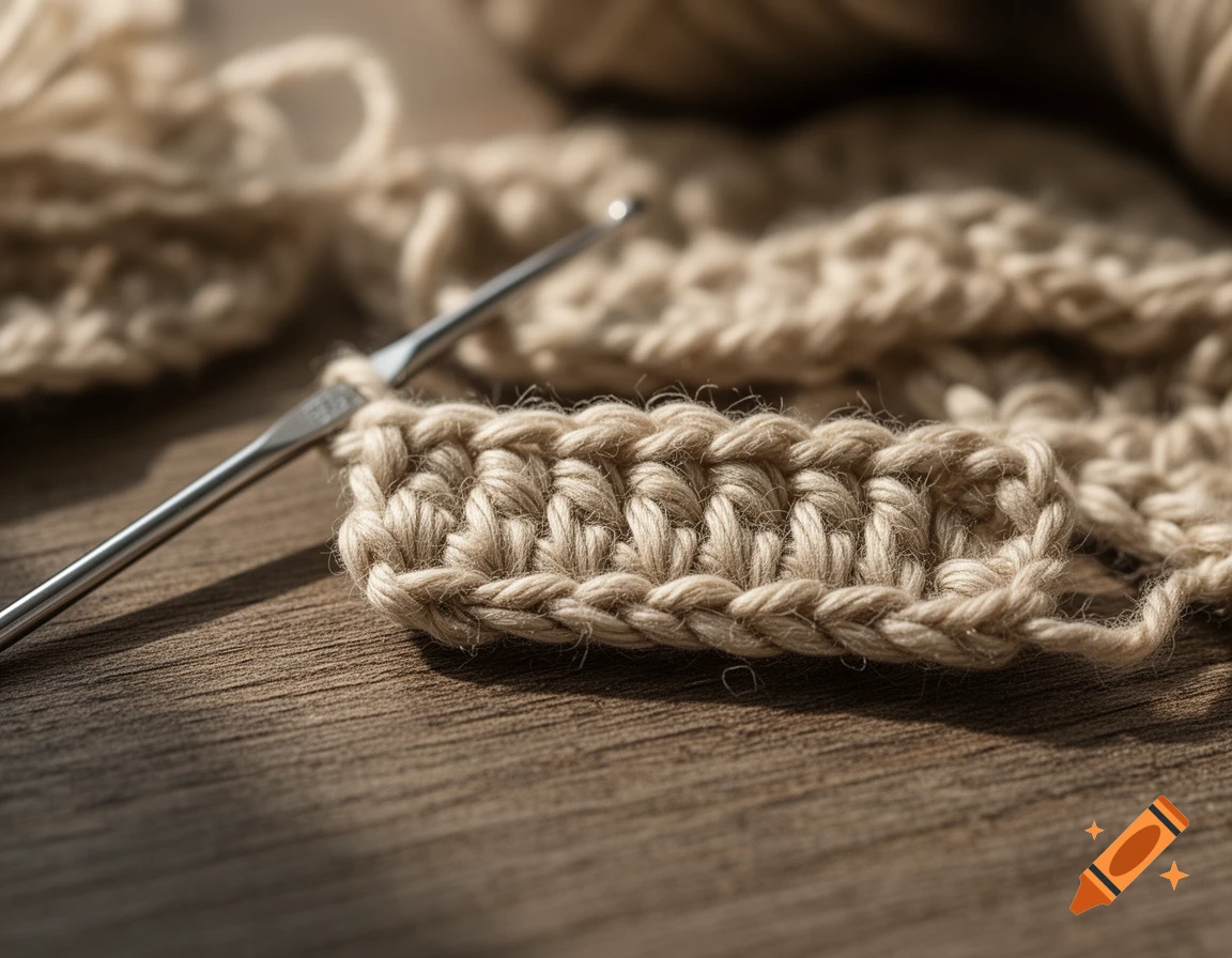 Close-up of beige crochet work in progress with a metal hook on a wooden surface.