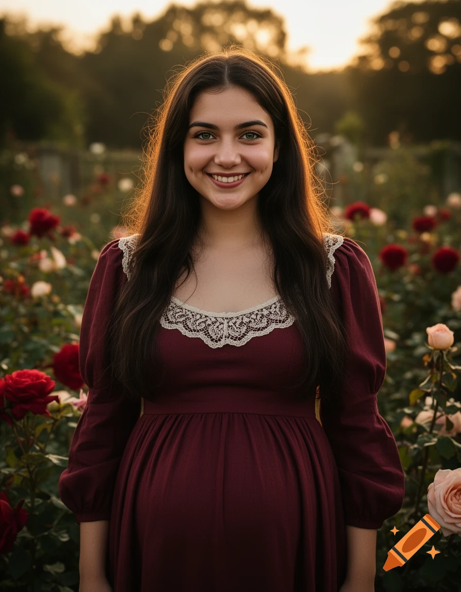 Photorealistic portrait of a smiling pregnant young woman with dark hair in a red dress, standing in a rose garden at golden hour.