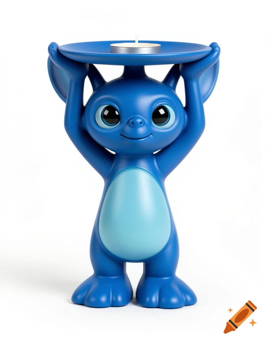 Blue alien creature figurine holding a candle holder on its head against a white background.