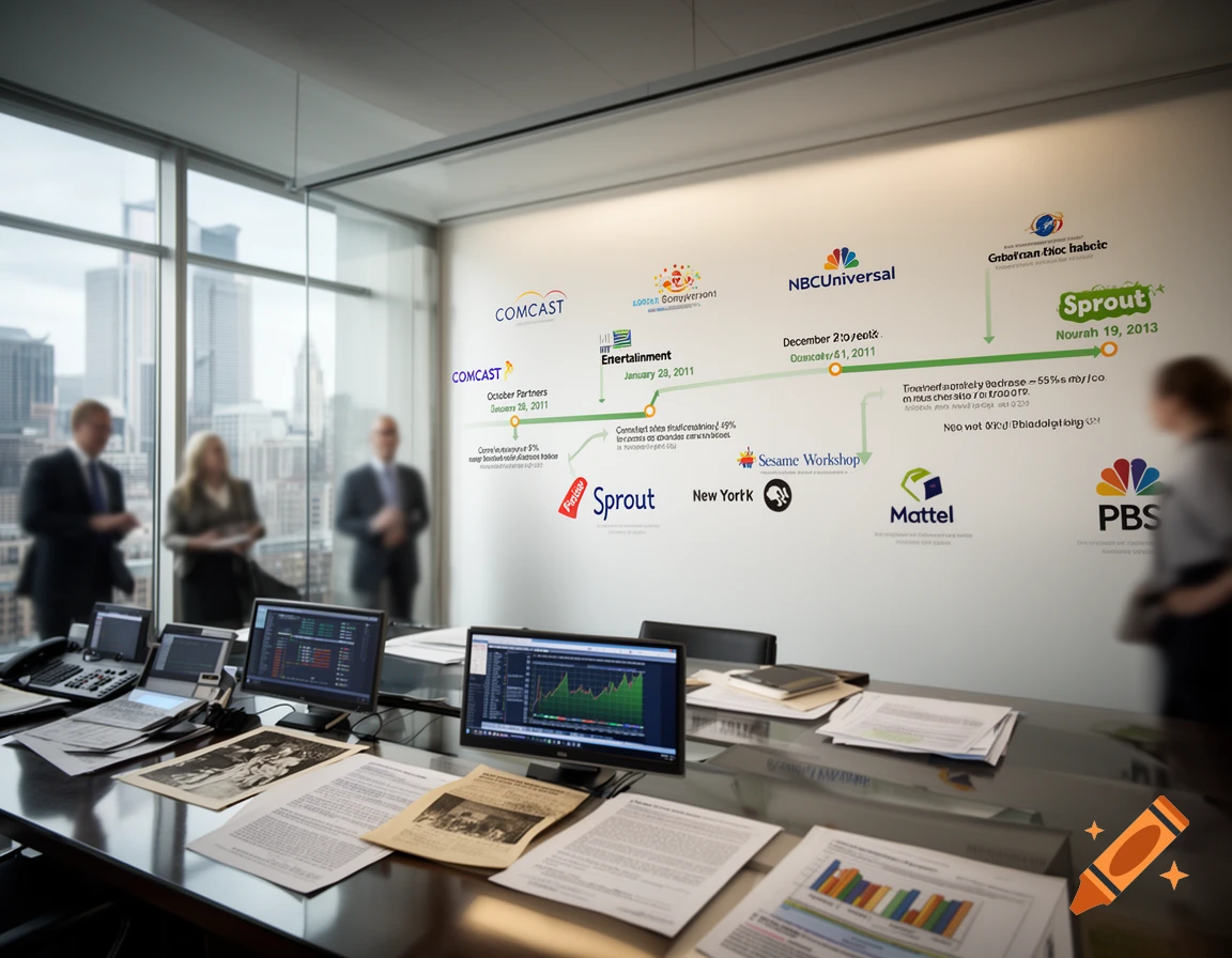 Boardroom with a large timeline graphic on the wall featuring various corporate logos and text.