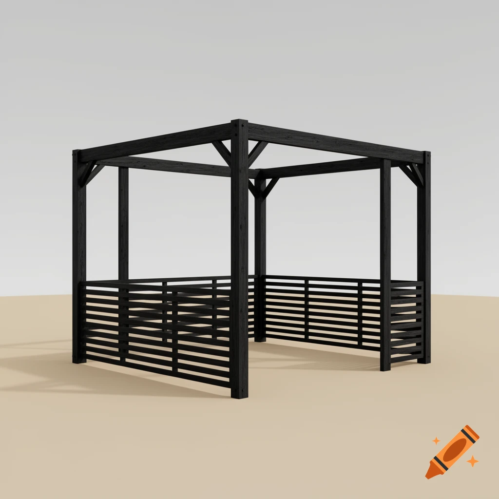 3D render of a modern black wooden pergola on a neutral background