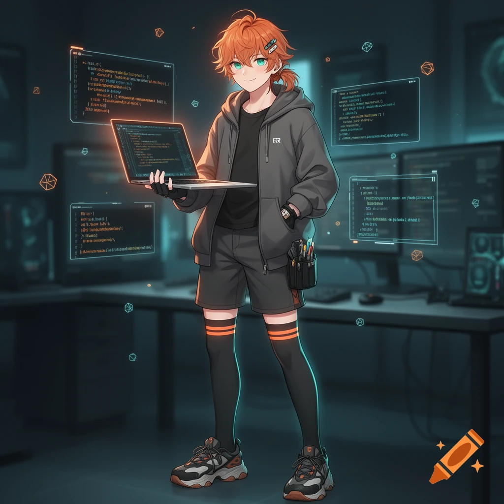 Anime style illustration of a young male coder holding a laptop in a high-tech room with screens displaying code.