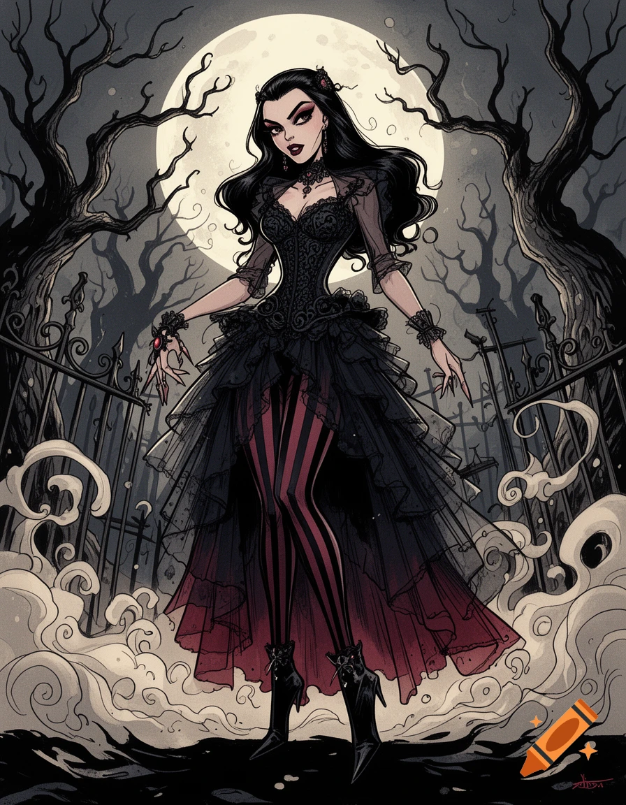 An hourglass figured goth woman in a lace dress and striped stockings standing before a full moon in Tim Burton comic style.