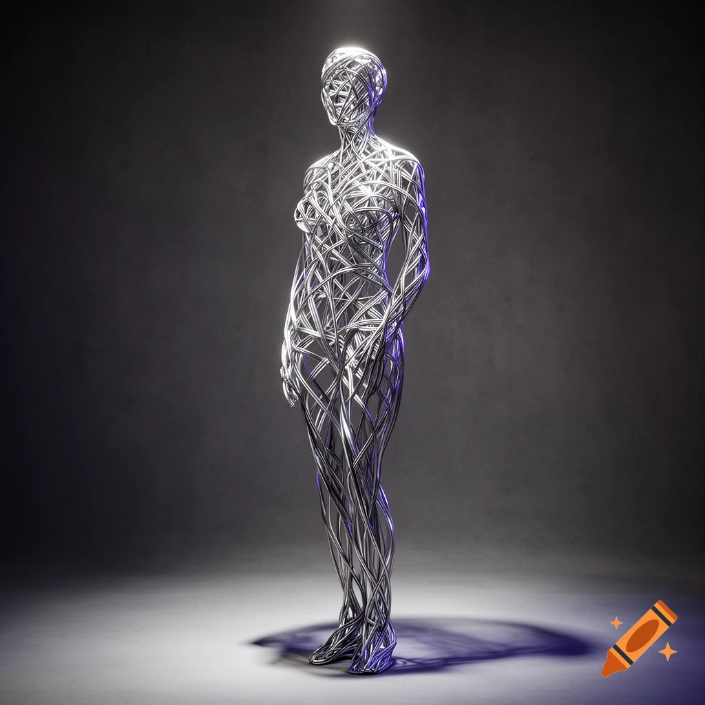 A stylized human figure sculpted from interwoven silver wire, standing on a grey surface against a dark background.