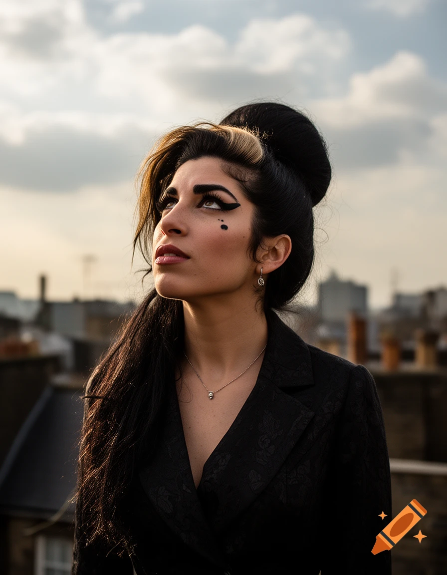 Photorealistic portrait of Amy Winehouse with her signature beehive hairstyle looking up against a cloudy sky background.