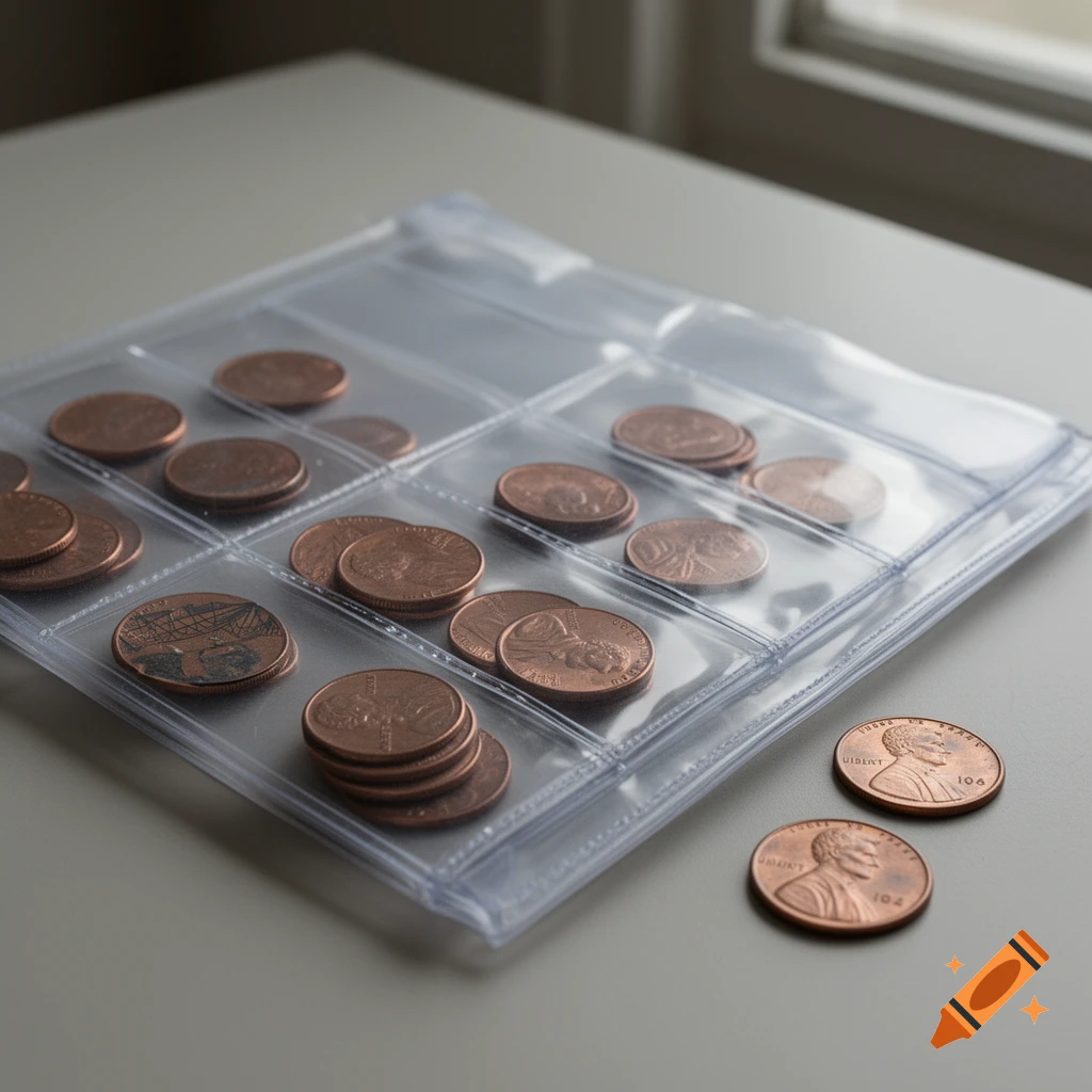 Close-up photograph of a transparent plastic coin collector folder filled with copper pennies, with a few loose pennies on a light grey surface.