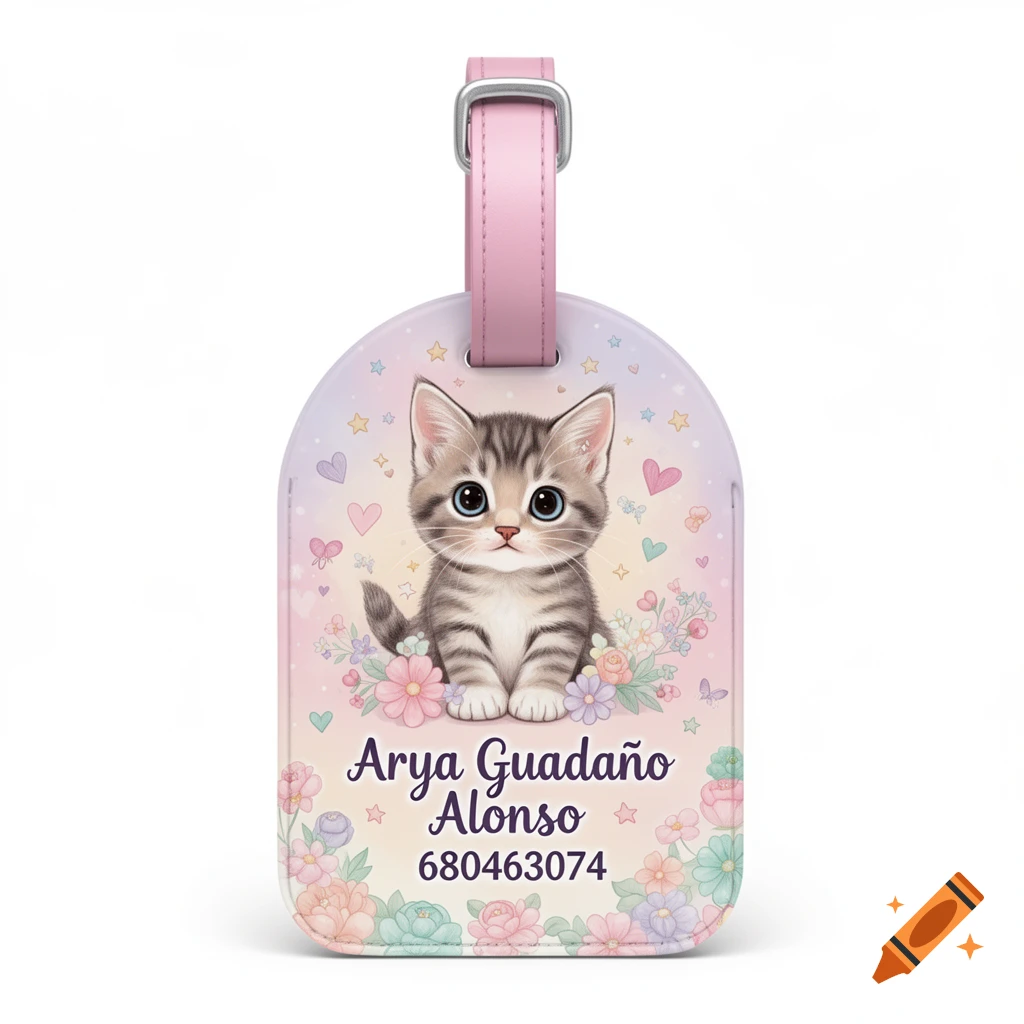 Pink luggage tag with a cute cartoon kitten, flowers, hearts, and the name Arya Guadaño Alonso with a phone number.