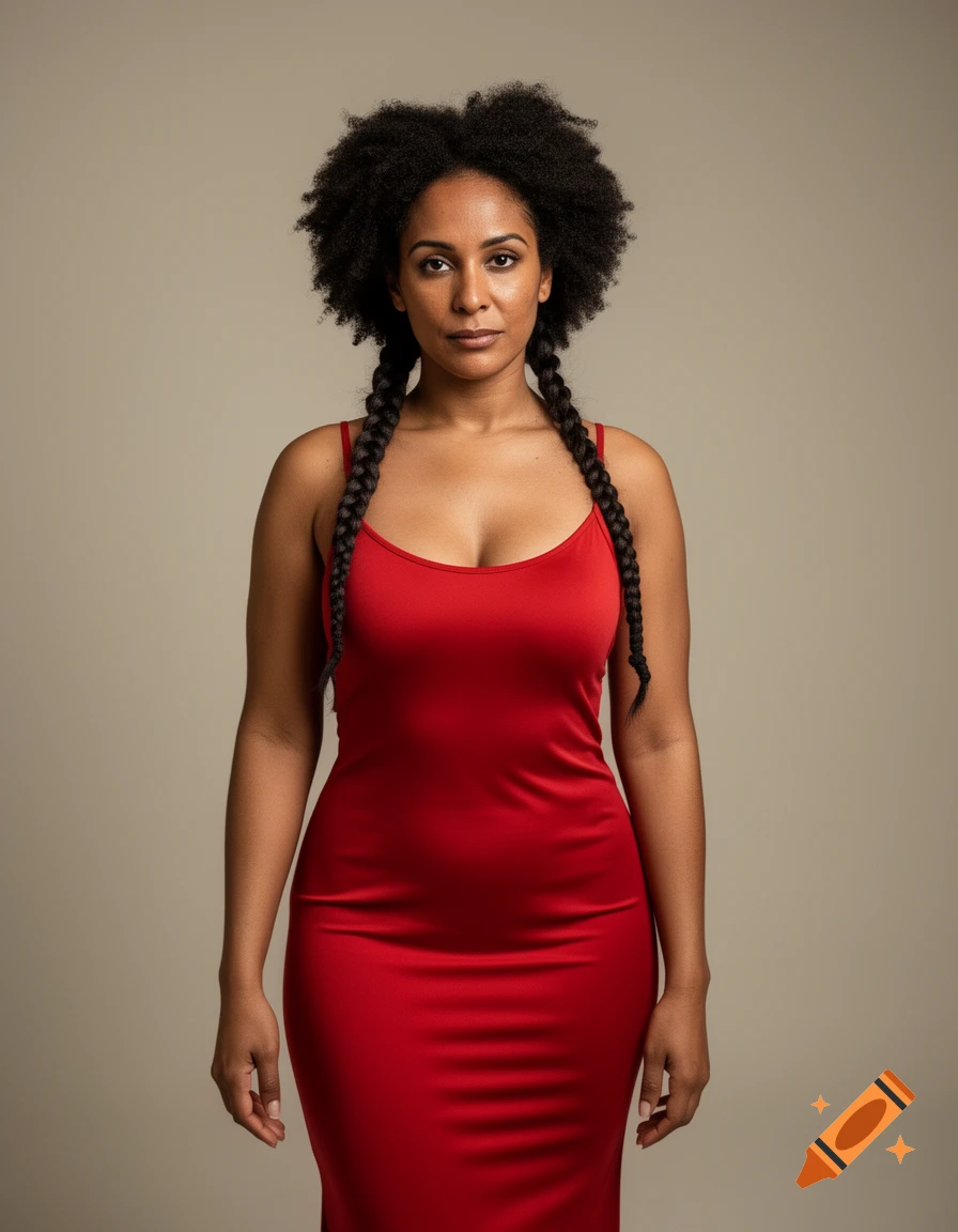 Photorealistic portrait of a woman with afro hair in braids wearing a red dress against a neutral background.