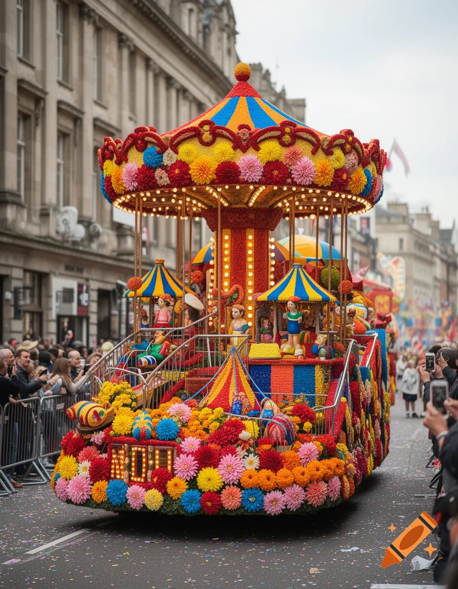 A large floral carnival float shaped like a carousel driving down a city street lined with buildings and spectators.