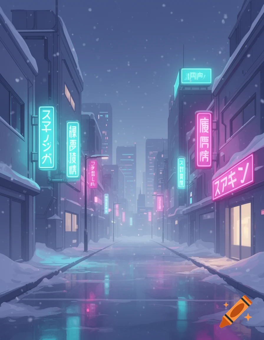 Anime style snowy city street at night with glowing neon signs and wet pavement reflecting lights.