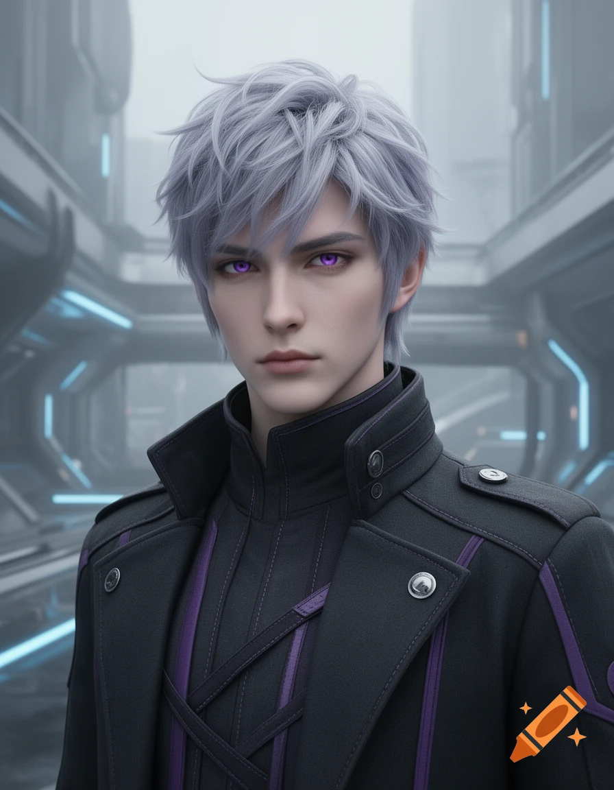 Close-up portrait of a young man with white hair, purple eyes, and a high-collar black jacket in a futuristic setting, anime style.