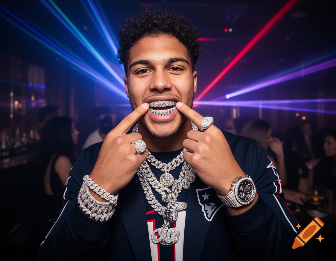 Photorealistic portrait of a young man wearing heavy diamond chains, grills on his teeth, and a Patriots jersey in a club with laser lights.