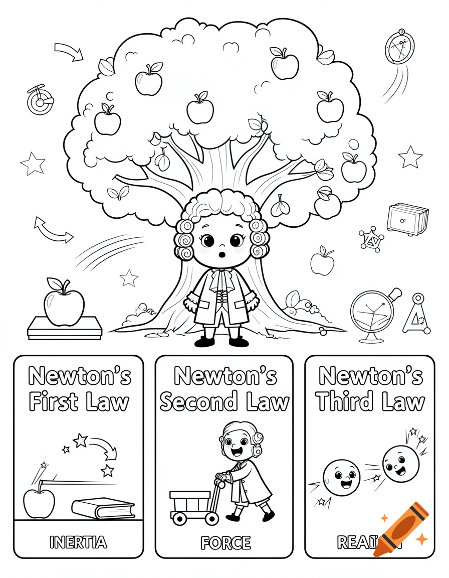 Black and white coloring page depicting Isaac Newton under an apple tree with panels explaining his three laws of motion.