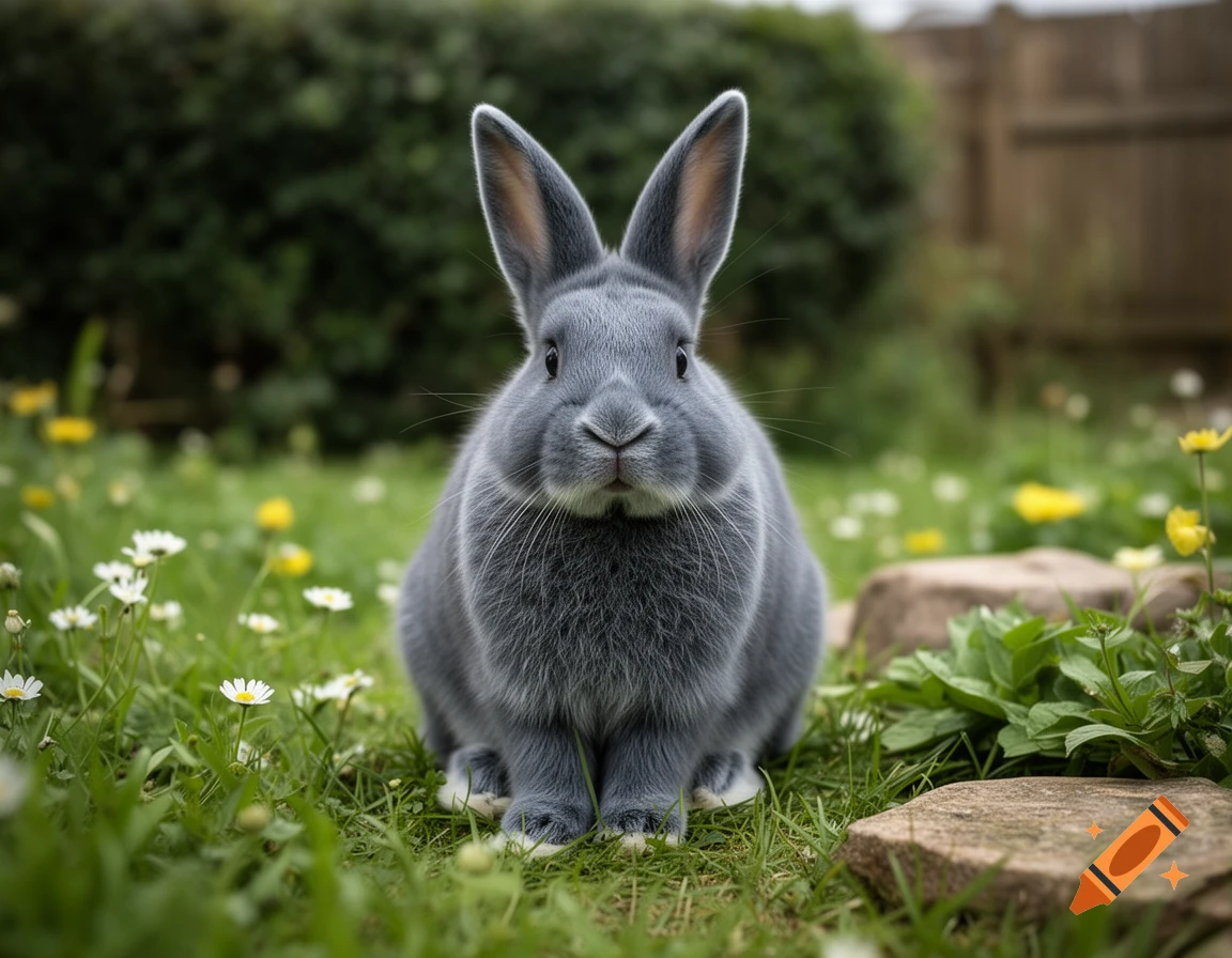 Photorealistic blue rabbit sitting on green grass among white and yellow flowers in a garden.