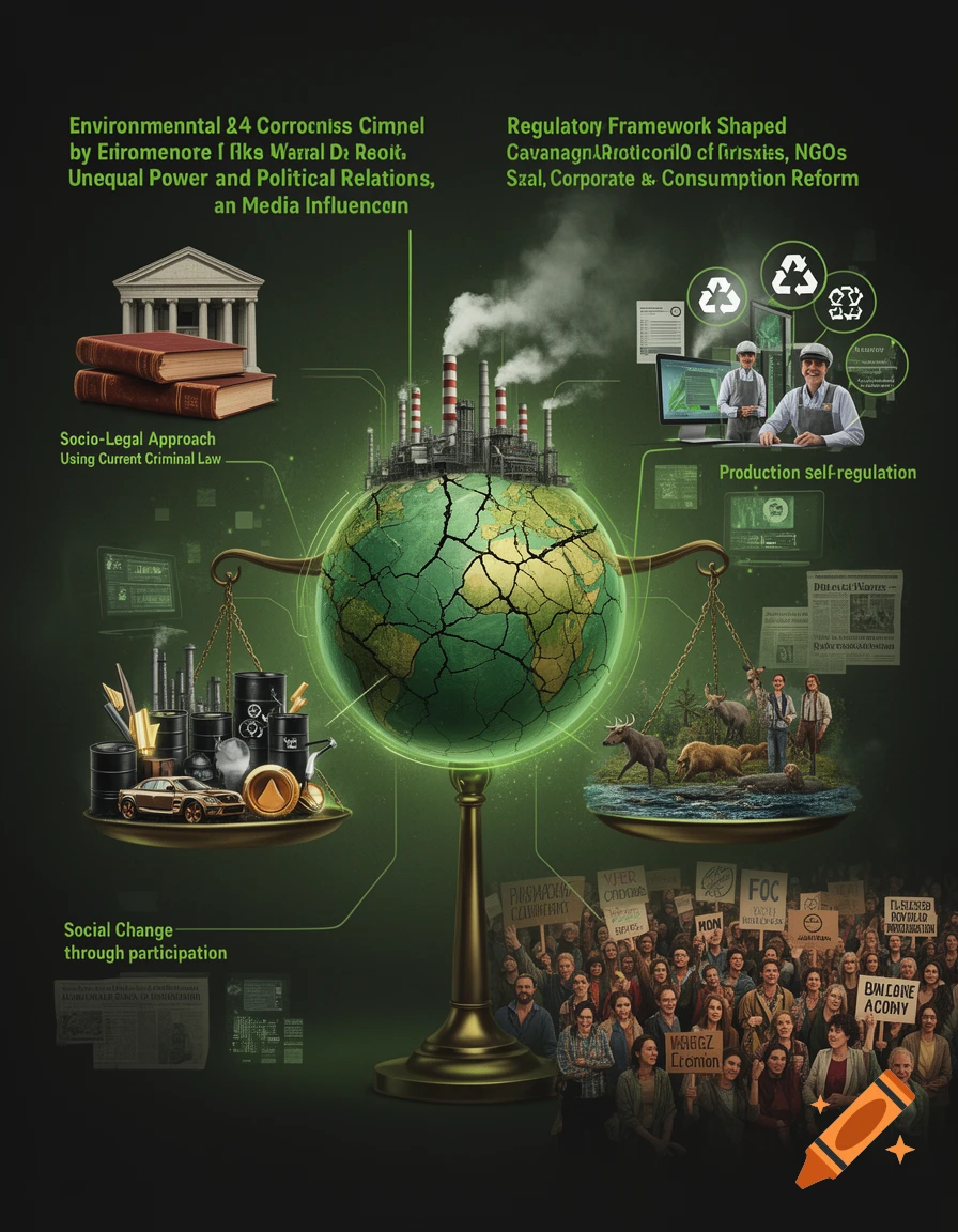 Digital illustration of a cracked globe on scales balancing industry and nature, surrounded by text and protesting crowds.
