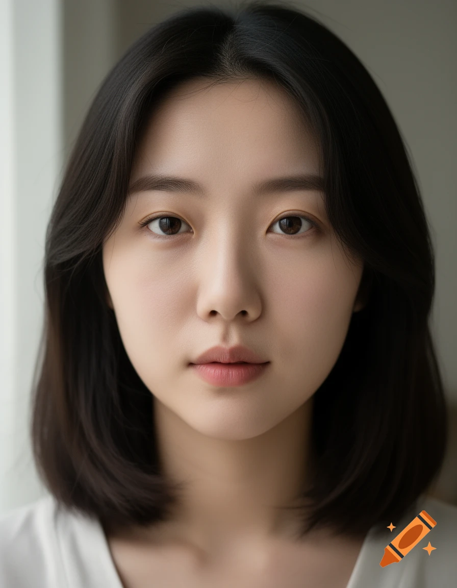 Close-up photorealistic portrait of a young Asian woman with short black hair, looking directly at the camera.