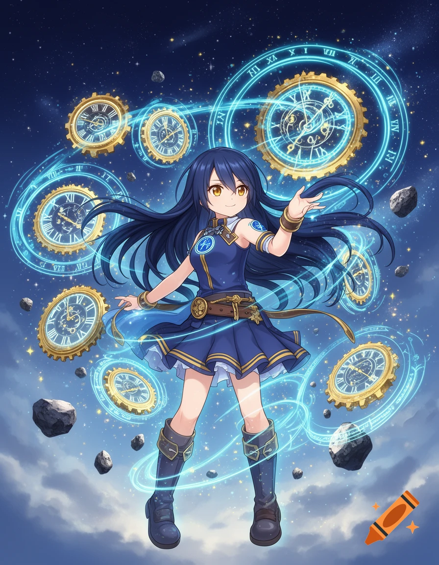 Anime illustration of a young dark-haired girl in a blue and gold outfit casting time magic with floating clocks and gears.