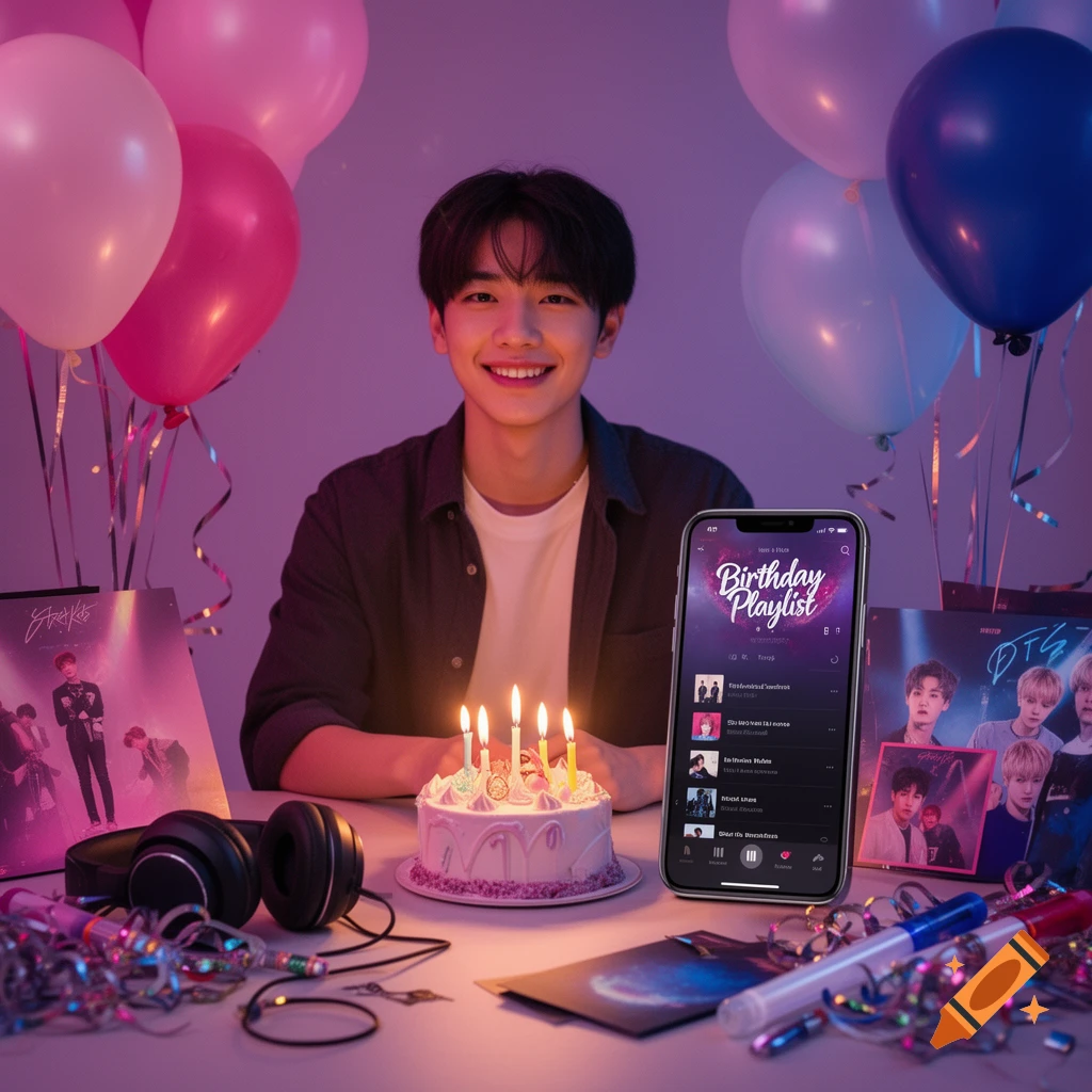 Young smiling man sitting behind a birthday cake with candles, surrounded by balloons, music albums, and a smartphone displaying a playlist.
