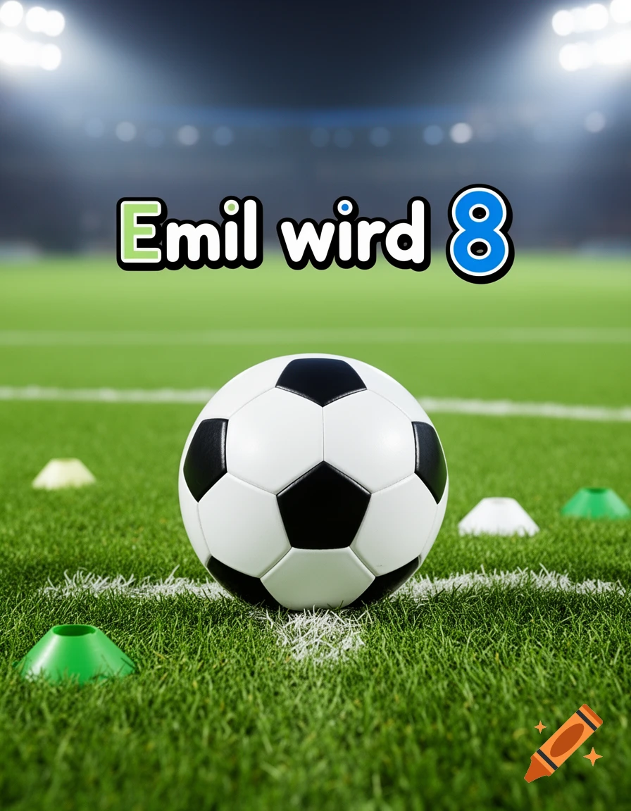 Soccer ball on grass field with goalposts in background and text reading Emil wird 8