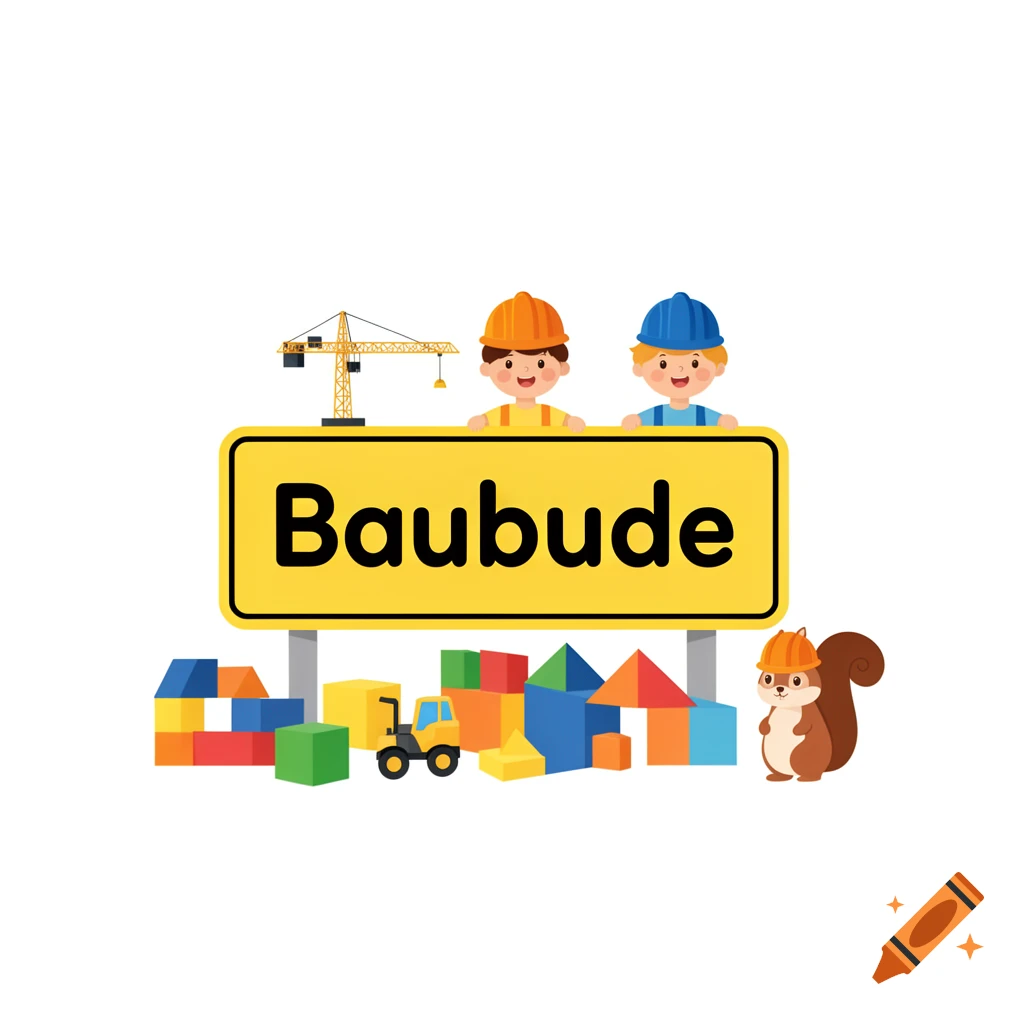 Vector style illustration of a yellow sign with the text Baubude, children, a crane, building blocks, and a squirrel wearing a hard hat.