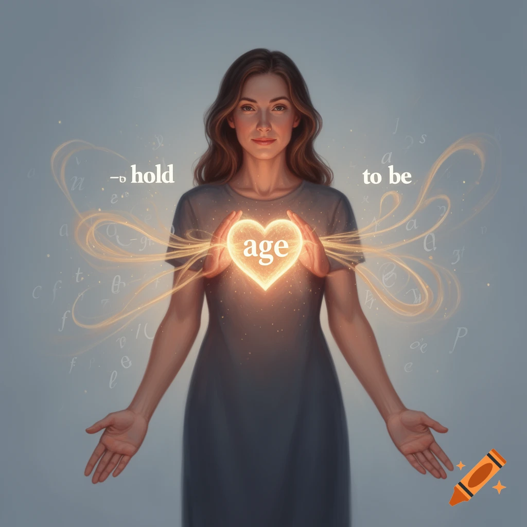 Illustration of a woman in a grey dress holding a glowing heart with floating letter elements and Spanish and English phrases.