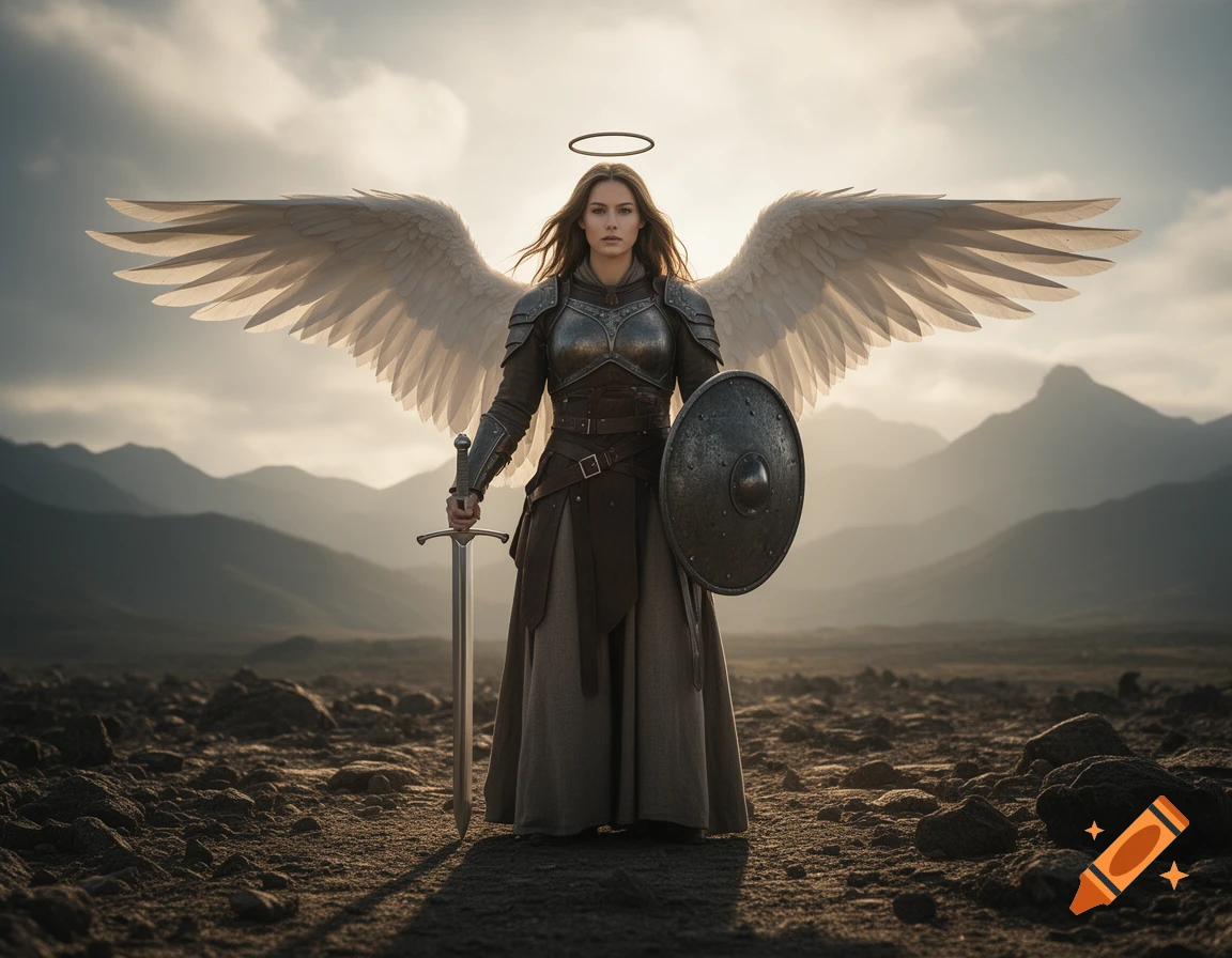 Photorealistic female angel warrior with white wings, armor, sword, and shield, standing in a desolate mountainous landscape.