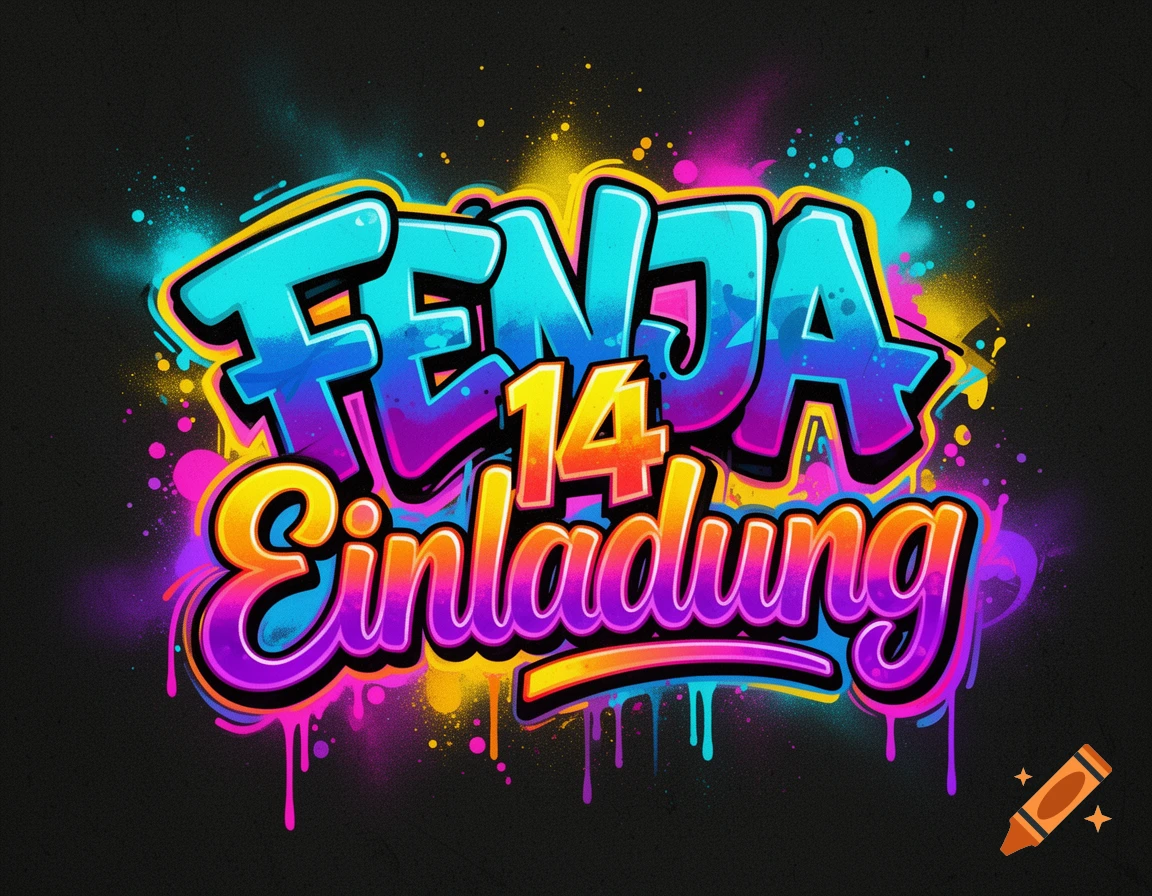 Colorful graffiti lettering on a black background reading FENJA 14 Einladung