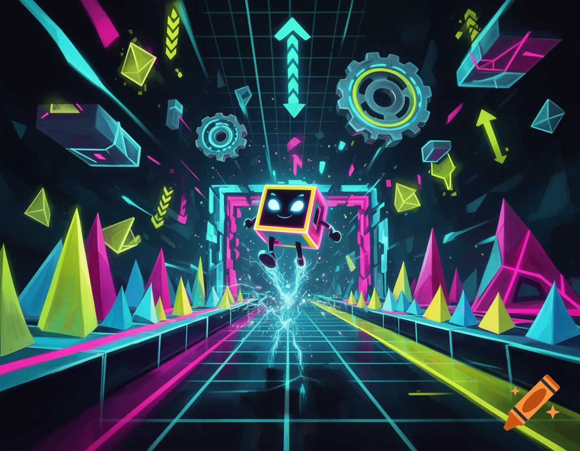 Digital illustration of a glowing square character jumping down a neon grid tunnel filled with obstacles, gears, and colorful pyramids.