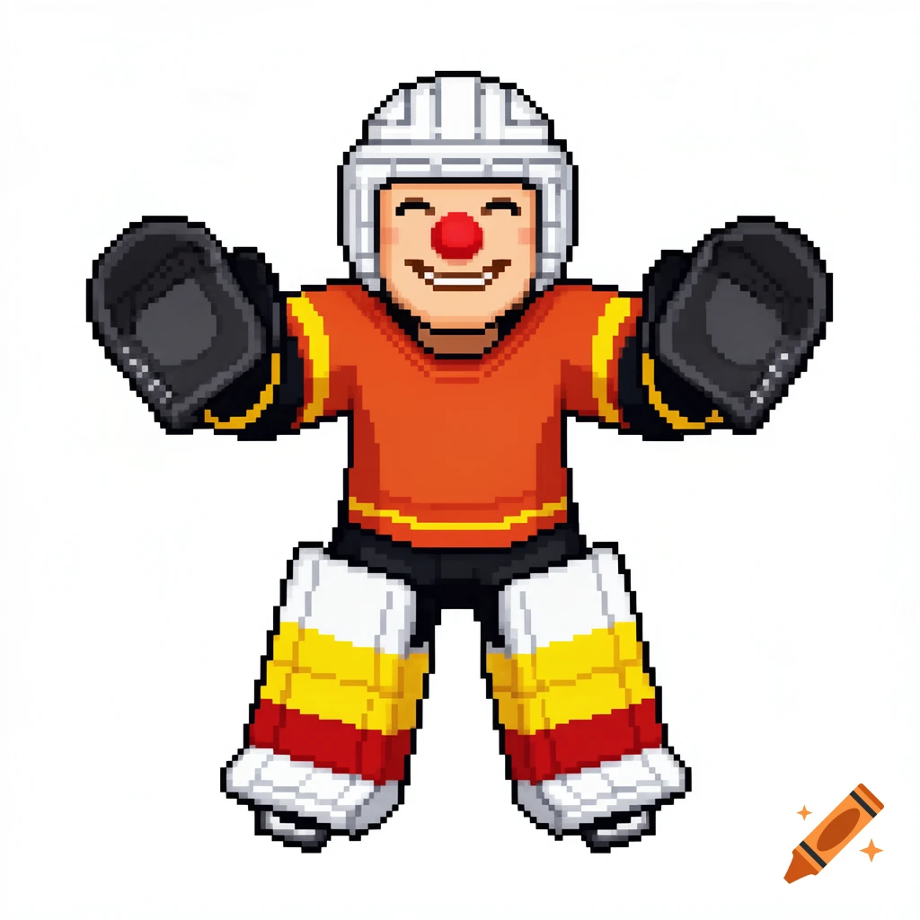 Pixel art of a cartoonish hockey goalie in a red and orange jersey with a white mask and large pads, holding out arms.