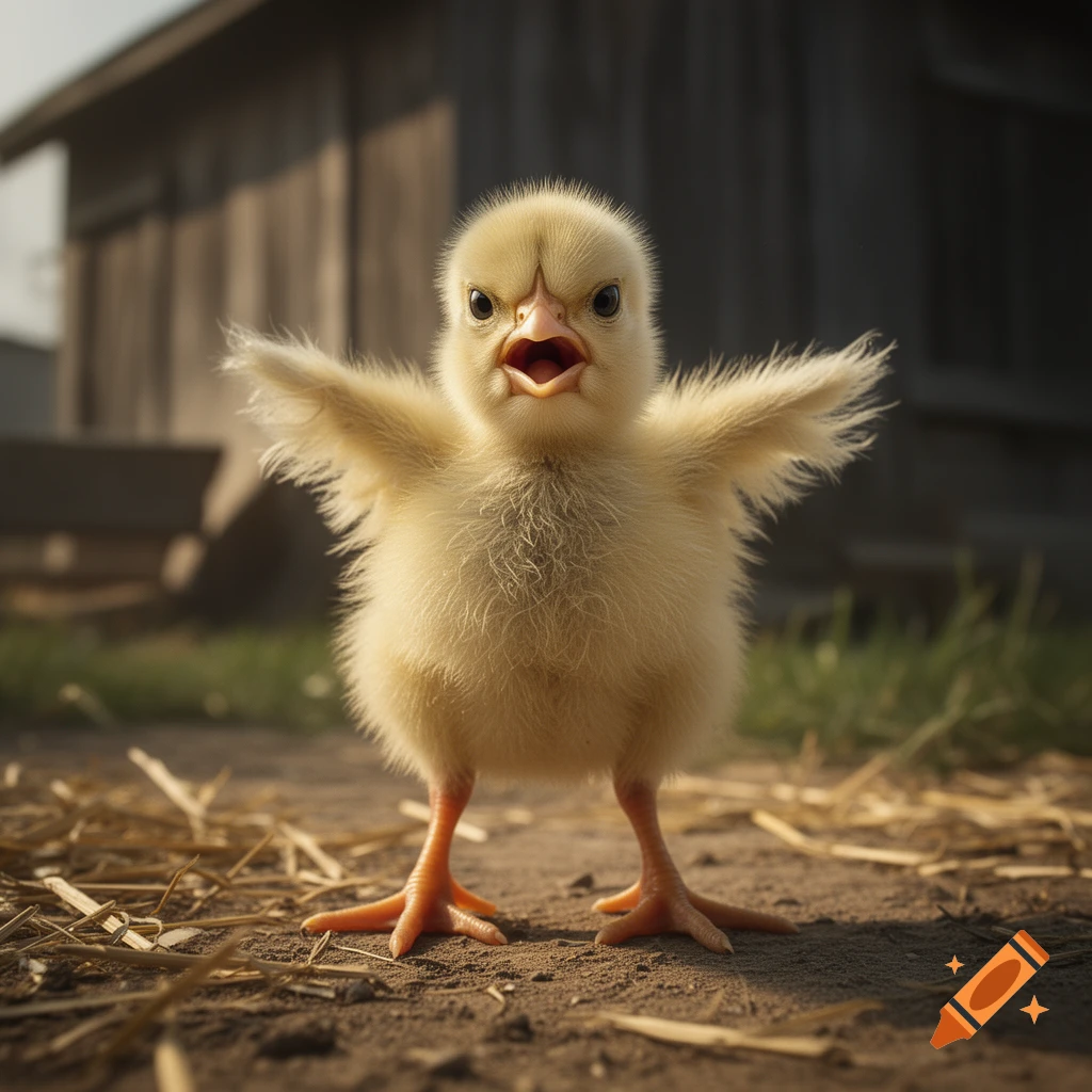 Photorealistic image of a tiny, fluffy yellow chick standing with wings outstretched and an angry expression on a dirt ground.