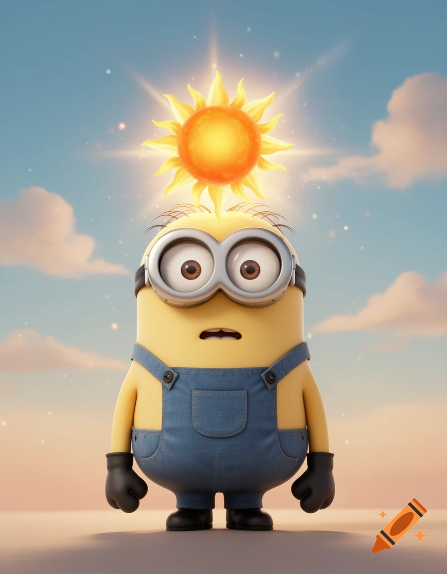 3D render of a Minion standing outdoors with a glowing cartoon sun resting on its head.
