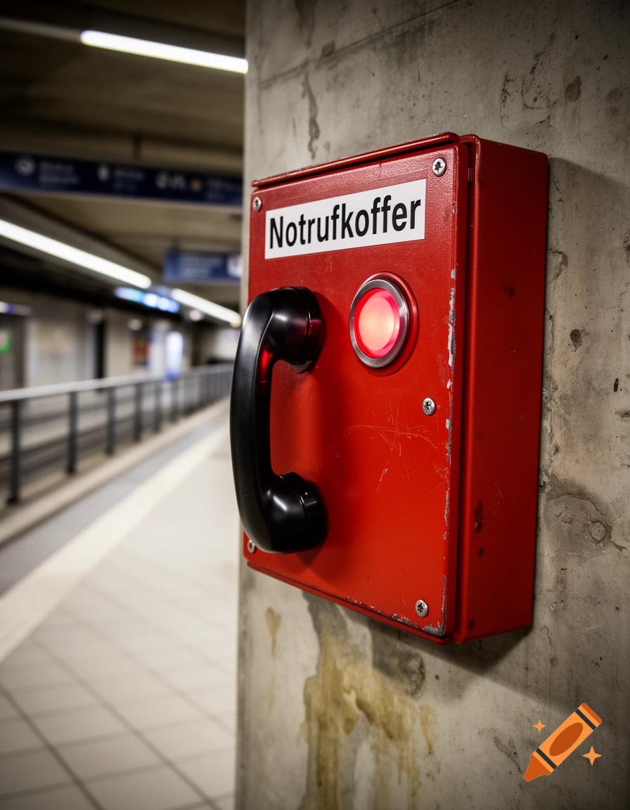 Close-up of a red emergency telephone box mounted on a concrete wall in a subway station, with a black receiver and glowing red button.