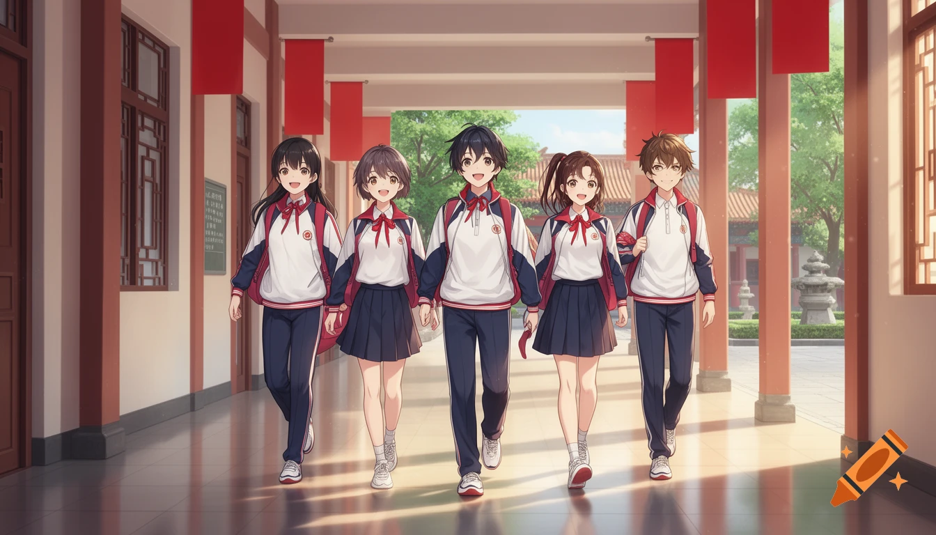 Anime style illustration of five high school students in uniforms walking down a corridor.