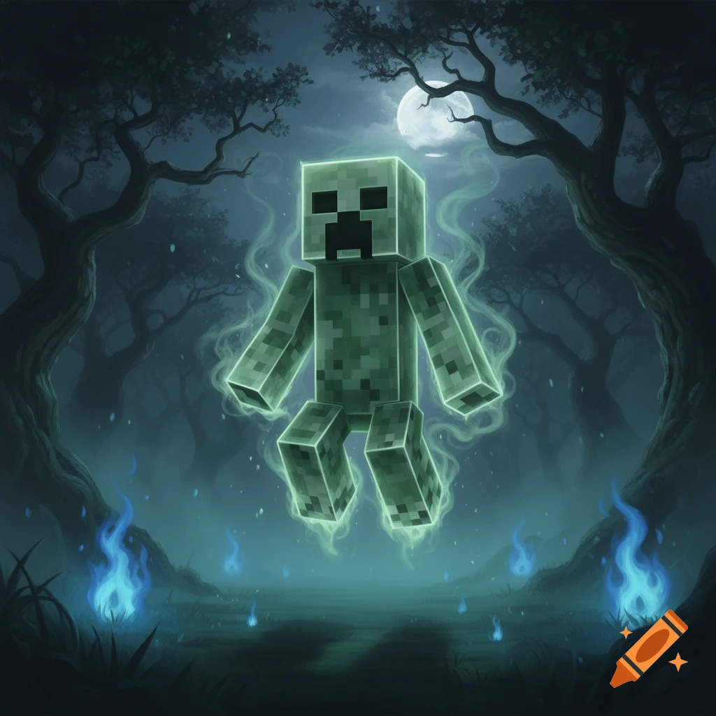 Digital illustration of a glowing, semi-transparent green Creeper ghost floating in a dark, misty forest at night under a full moon.