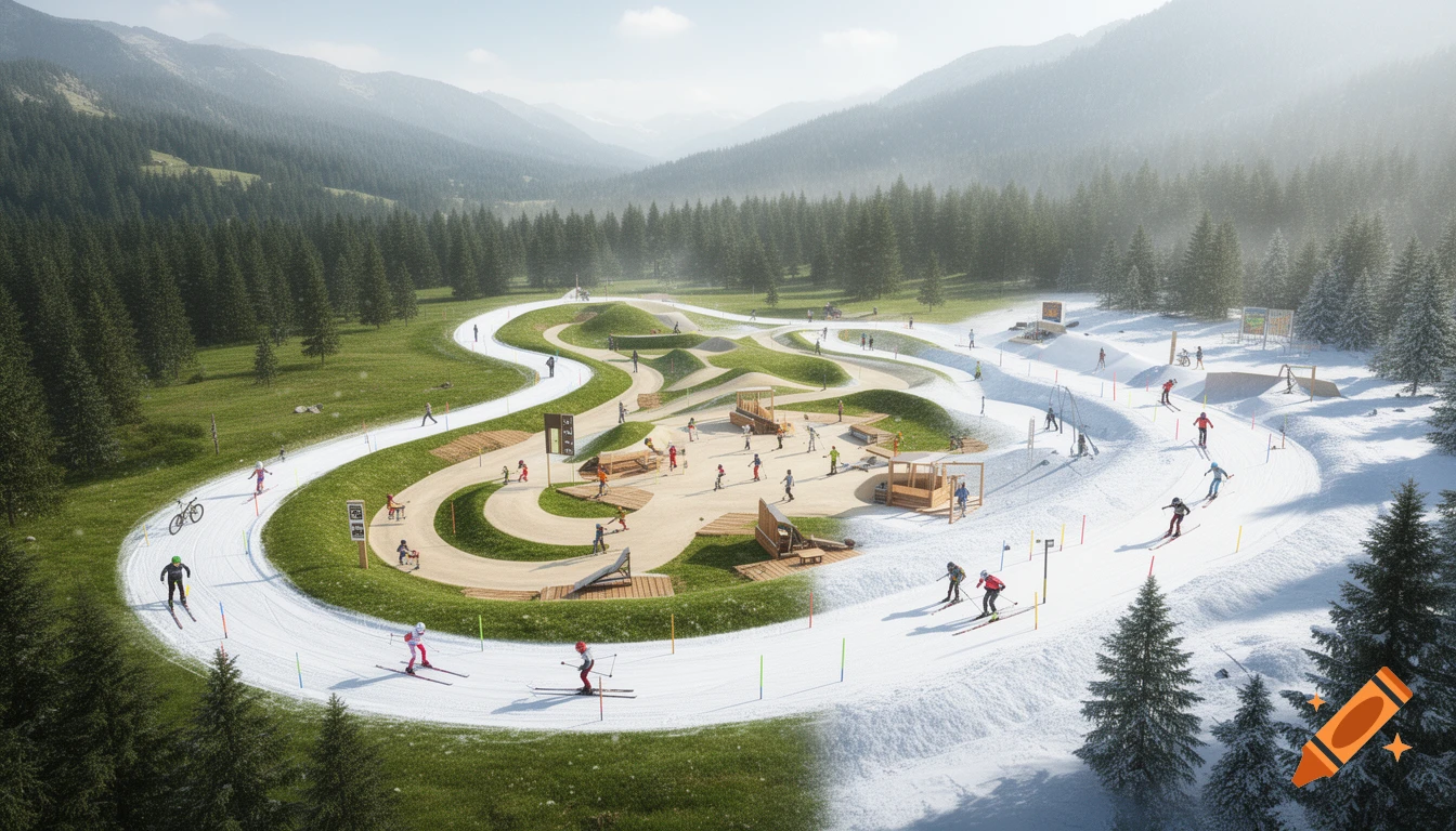 Photorealistic aerial view of a dual-season mountain playground transitioning from green grass to snow, with skiers and bikers.