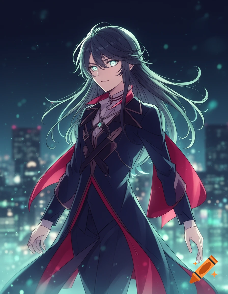 An anime style digital illustration of a character with long dark hair and glowing blue eyes, wearing a dark coat with red accents.
