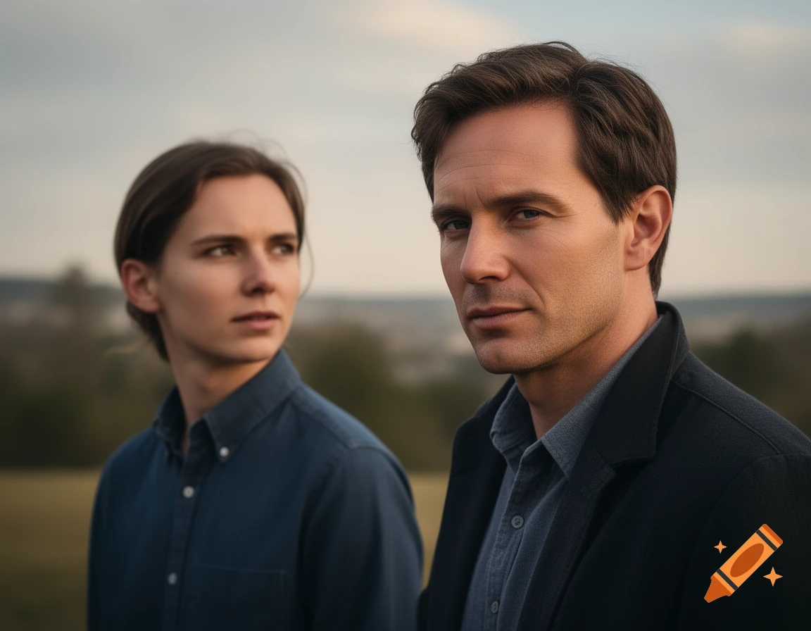 Photorealistic portrait of a man in the foreground and a woman looking away in the background outdoors.
