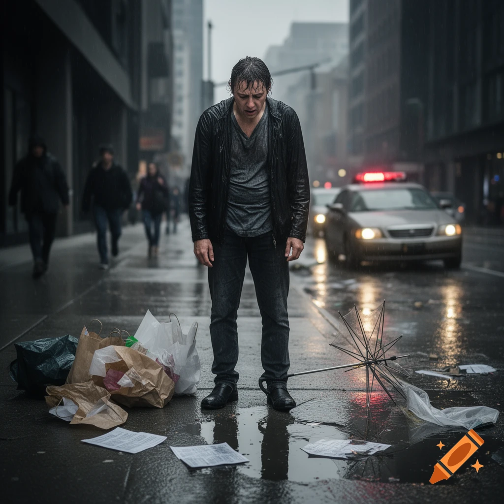 Photorealistic scene of a man standing dejectedly in the rain on a city street with spilled groceries and a broken umbrella.