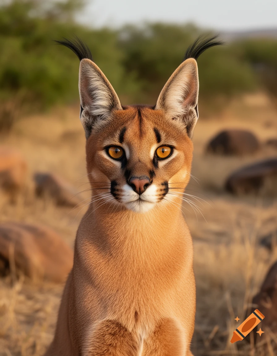 Close-up photorealistic portrait of a caracal with prominent tufted ears looking directly at the camera in a natural outdoor setting.