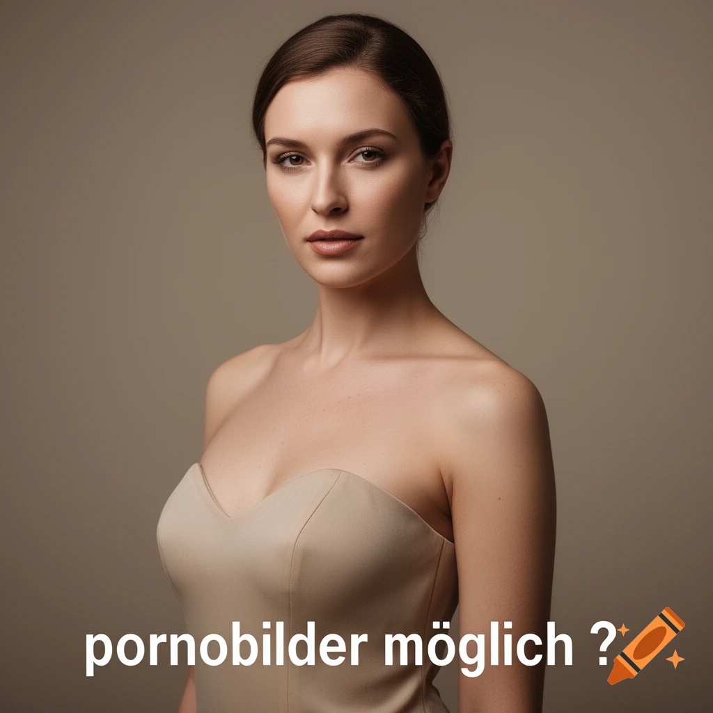 Photorealistic studio portrait of a woman wearing a strapless beige dress against a neutral background, with text at the bottom.