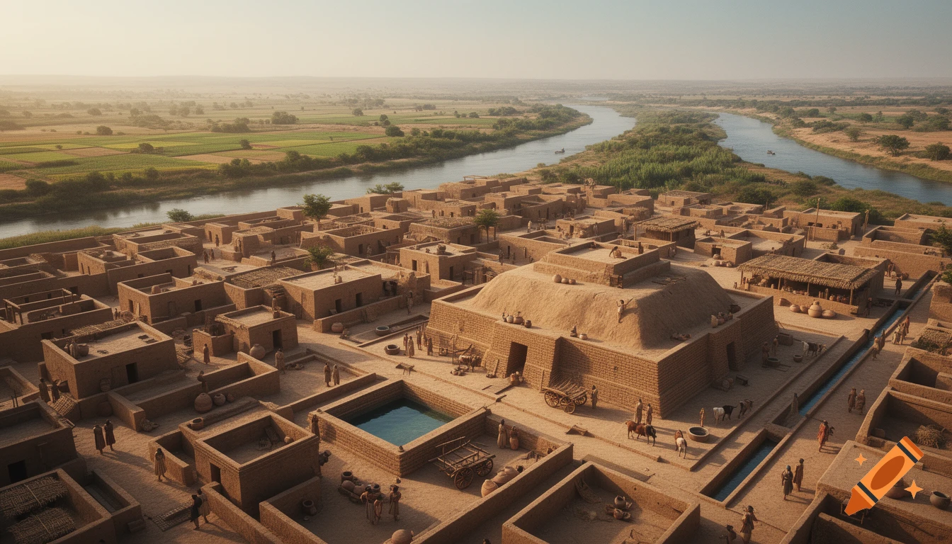 Cinematic historical reconstruction of the ancient Indus Valley city of Mohenjo-daro with brick houses and river landscape.