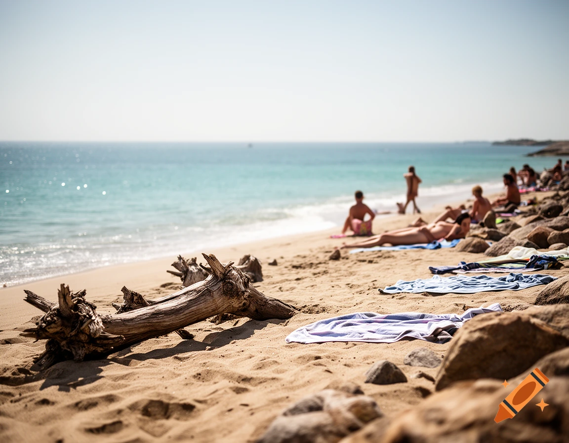 Photorealistic view of a sandy beach with driftwood in the foreground and people sunbathing in the background.