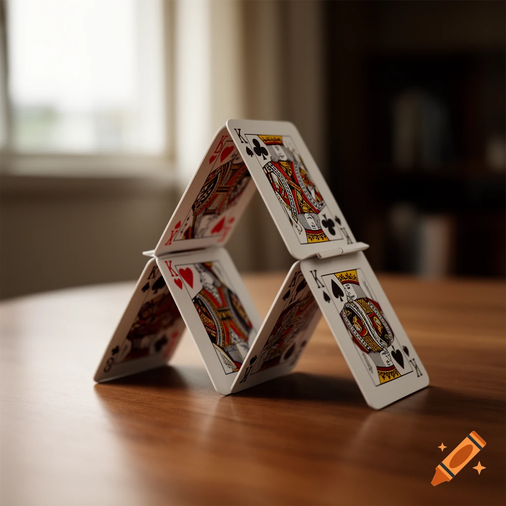 A house of cards built with King playing cards on a wooden table, photorealistic.