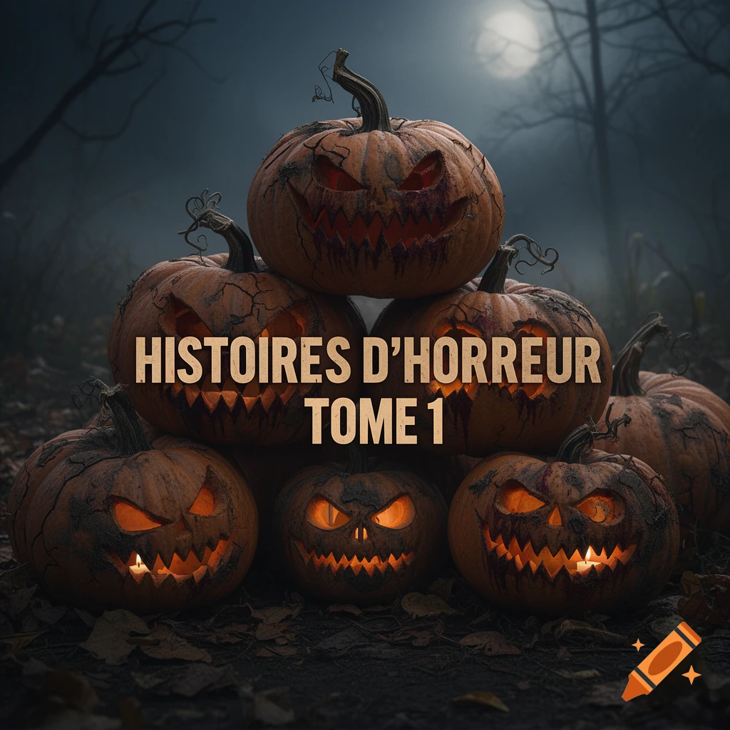 A stack of carved glowing jack-o'-lanterns in a spooky dark forest with the text 'HISTOIRES D'HORREUR TOME 1'.
