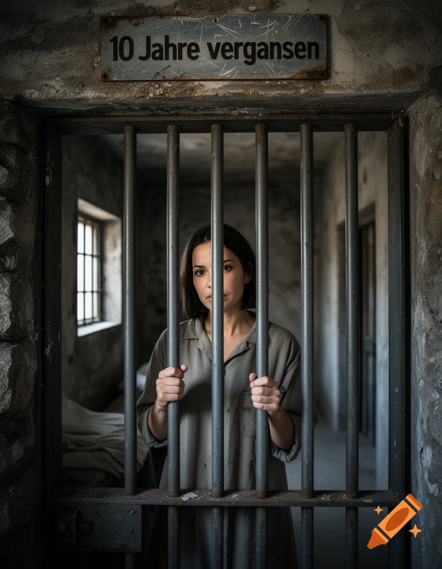 Photorealistic image of a woman looking through prison bars with a sign above reading 10 Jahre vergansen.