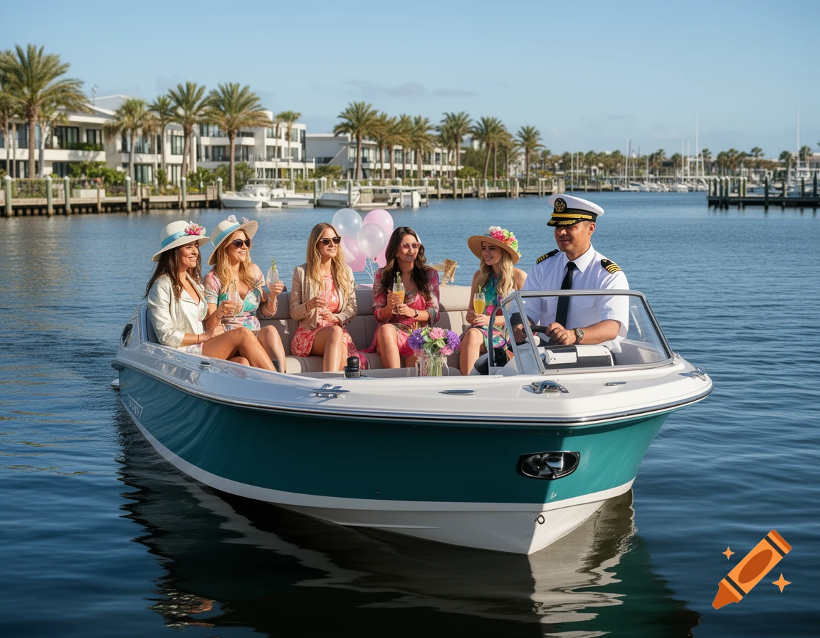 Photorealistic image of a smiling captain driving an electric boat carrying five women wearing dresses and hats on a sunny day.