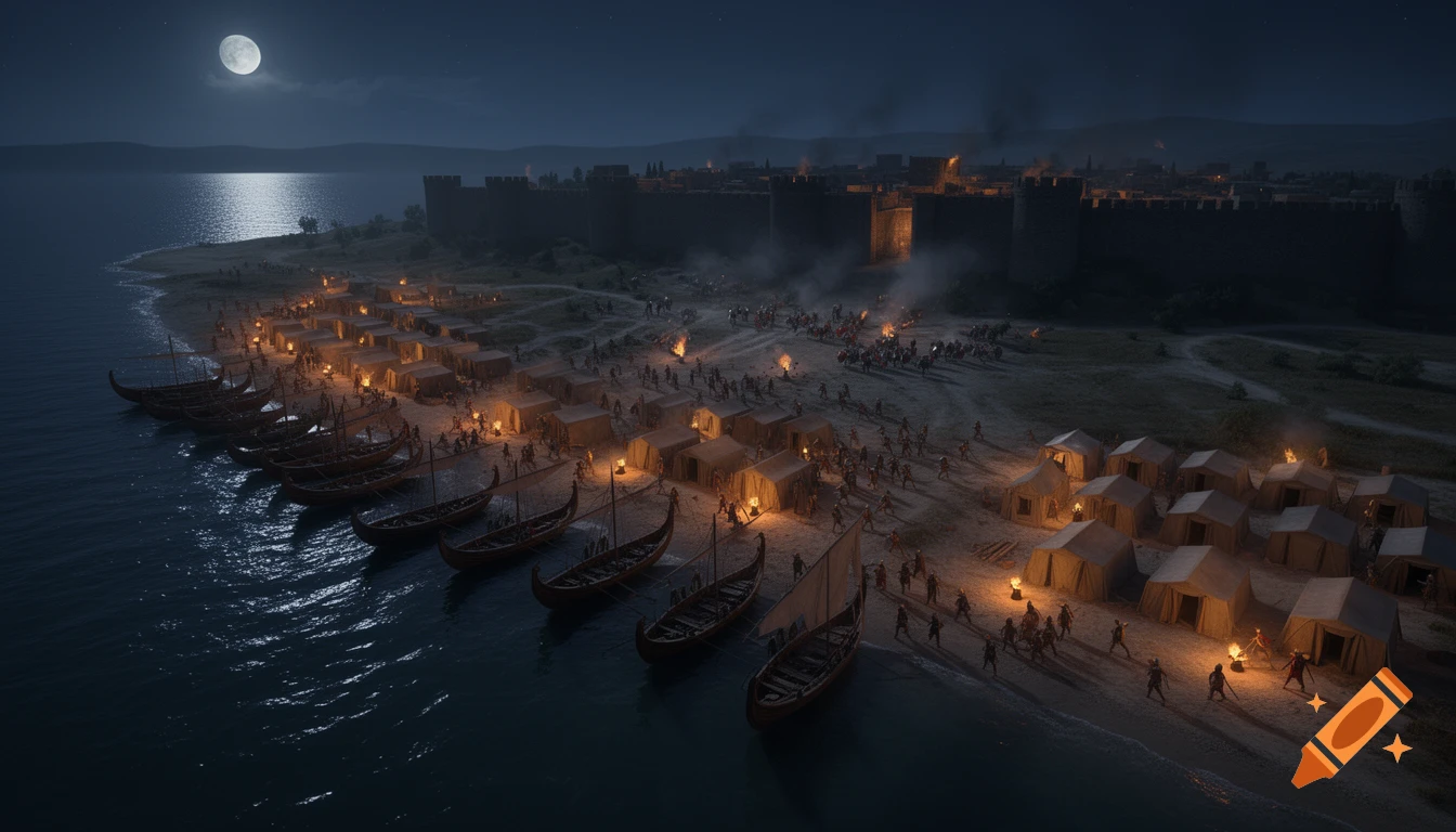 Aerial night view of Troy with ships on the shore, tents, and soldiers fighting near the city walls under a full moon.