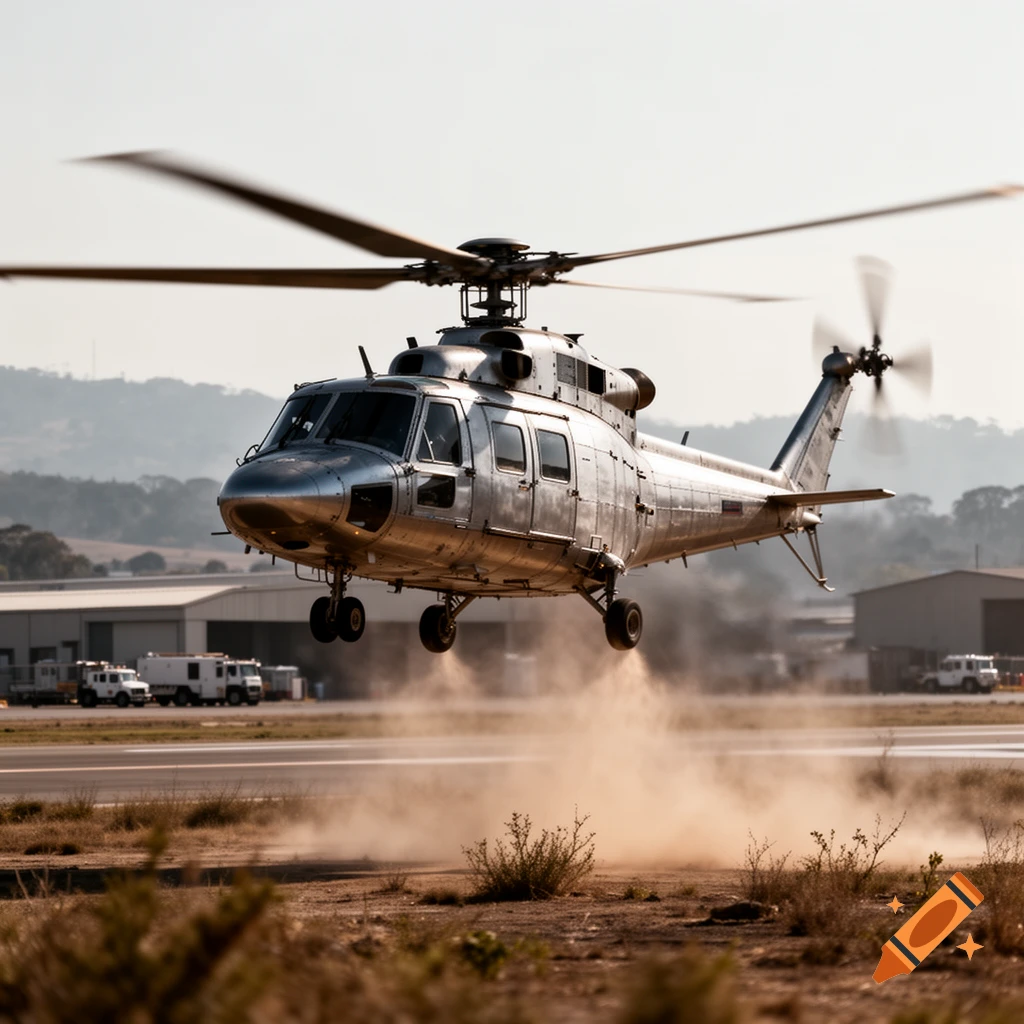 Photorealistic image of a metallic helicopter hovering above a dusty airfield.