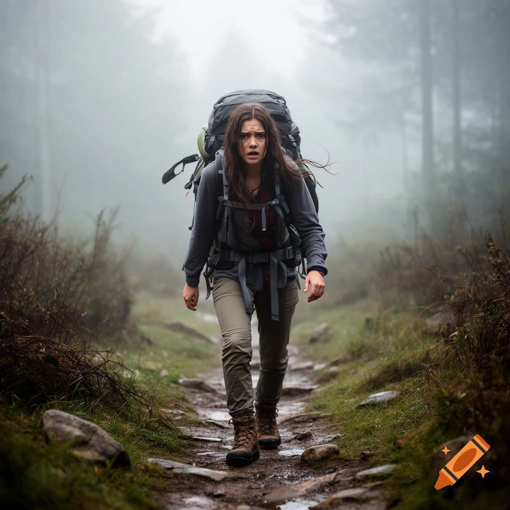 A frightened young woman with a heavy backpack walking along a misty forest path, photorealistic.