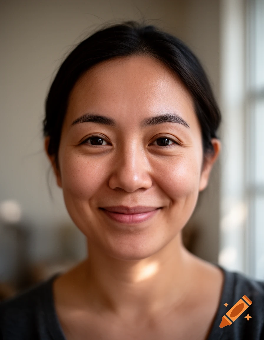 Close-up photorealistic portrait of a smiling woman with dark hair.